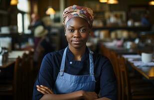 AI generated a portrait of an AfricanAmerican chef with crossed arms inside a restaurant photo