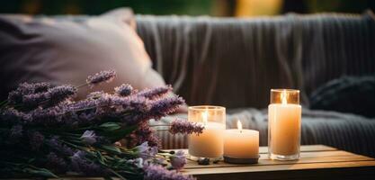 ai generado velas y lavanda flores en el sofá con velas en el madera foto