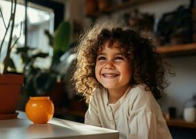 AI generated father and daughter laughing at the kitchen counter photo