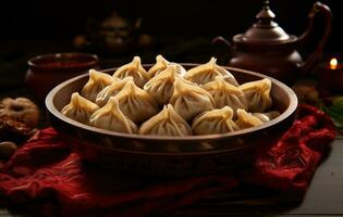 AI generated dumplings in a bowl on a table photo