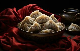 AI generated dumplings in a bowl on a table photo