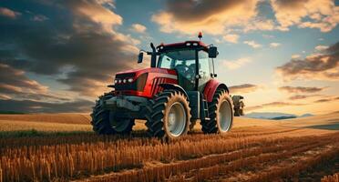 ai generado granja campo con rojo rojo tractor foto