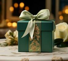 AI generated green gift box with gold ribbon photo