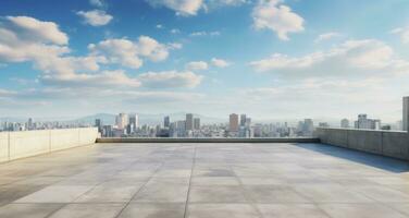 ai generado plano hormigón edificio con cielo y nubes y ciudad antecedentes foto