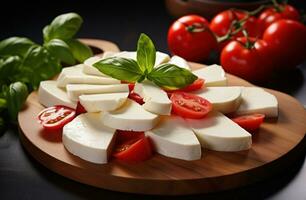 AI generated fresh mozzarella is sitting on top of tomatoes photo