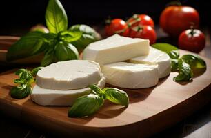 AI generated fresh mozzarella is sitting on top of tomatoes photo