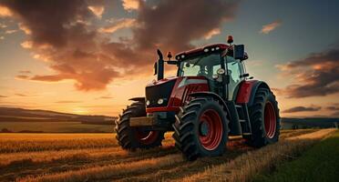 ai generado granja campo con rojo rojo tractor foto