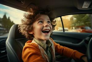 AI generated little boy drives with father, photo