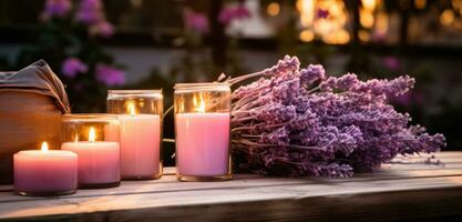 AI generated lavender candle is placed next to several candles on the wooden bench photo