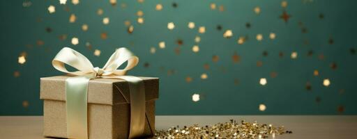 AI generated on a green wall, a large golden gift box with sparking glitter photo