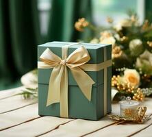 AI generated green gift box with gold ribbon photo