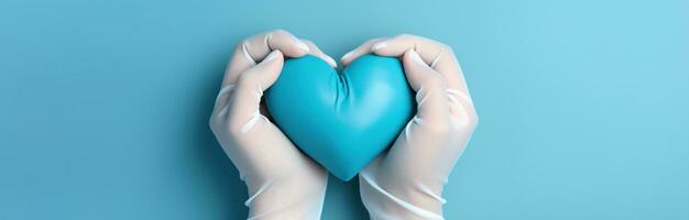 ai generado manos en azul guantes con azul corazón conformado guante en azul fondo, foto