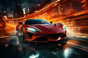 AI generated high fidelity car racing background red racing car driving in front of the lights photo