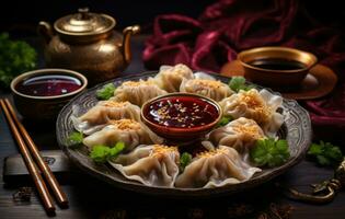 AI generated dumplings are placed in a bowl and sauces are on top, photo