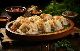 AI generated dumplings with seasoning and herbs on a wooden board photo