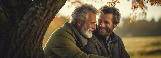 ai generado dos hombres son abrazando cada otro por el árbol foto