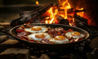 ai generado crujiente tocino y huevos en el fuego foto