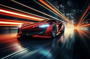 AI generated high fidelity car racing background red racing car driving in front of the lights photo