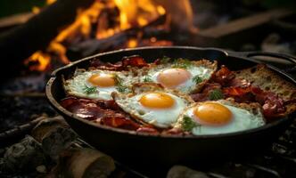 ai generado crujiente tocino y huevos en el fuego foto