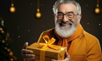 ai generado contento hombre en lentes participación un amarillo regalo caja foto