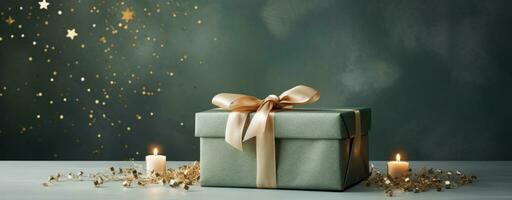 AI generated on a green wall, a large golden gift box with sparking glitter photo