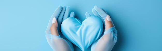 AI generated hands in blue gloves with blue heart shaped glove on blue background, photo