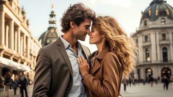 ai generado un Pareja posando en frente de un famoso punto de referencia en un bullicioso ciudad, con brazos alrededor cada otro foto