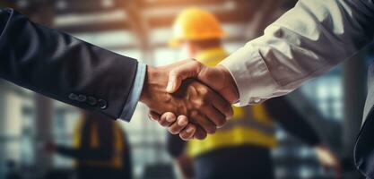 AI generated two construction workers shake hands photo