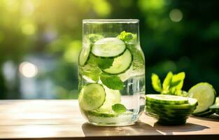 AI generated cucumber water with ice and mint photo