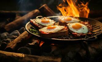 AI generated crispy bacon and eggs on the fire photo