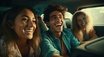 ai generado cuatro amigos son conducción en un coche sonriente foto