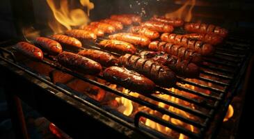 AI generated sausages and hotdogs charred on grill, photo