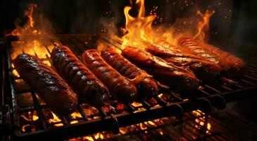 AI generated sausages and hotdogs charred on grill, photo