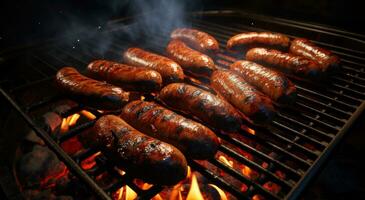 AI generated sausages and hotdogs charred on grill, photo