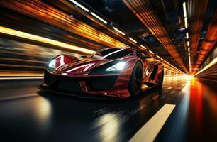 AI generated high fidelity car racing background red racing car driving in front of the lights photo