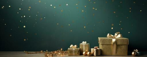 AI generated on a green wall, a large golden gift box with sparking glitter photo