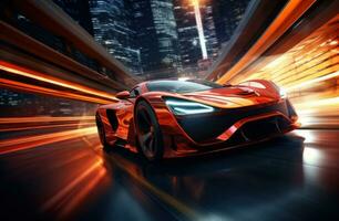 AI generated high fidelity car racing background red racing car driving in front of the lights photo