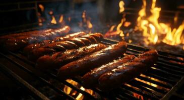 AI generated sausages and hotdogs charred on grill, photo