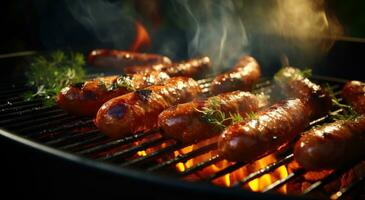 AI generated sausages and hotdogs charred on grill, photo