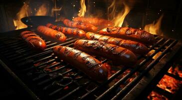 AI generated sausages and hotdogs charred on grill, photo