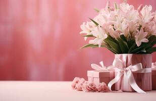 ai generado rosado flores con un regalo y rosado cintas en un rosado mesa foto