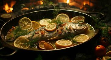 AI generated the pan has fresh fish and lemon slices around a fork photo