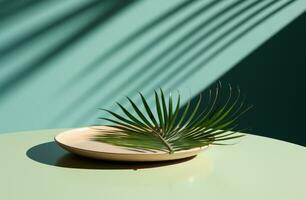 AI generated the shadow of a palm leaf is seen in the background over a green table photo