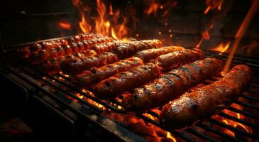 AI generated sausages and hotdogs charred on grill, photo