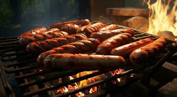 AI generated sausages and hotdogs charred on grill, photo