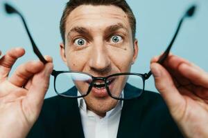 Model mouth expression handsome men american reaction guy shock surprise open teacher glasses photo