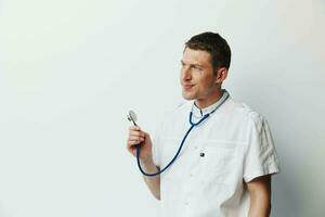 Man stethoscope caucasian physician medic healthcare man surgeon professional occupation adult care photo