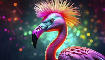 AI generated Feathered Rebel Punk Rock Flamingo Sporting a Stylish Mohawk, Redefining Avian Coolness with Attitude and Flair. photo