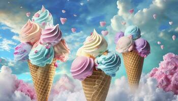 AI generated A Whimsical Display of Ice Cream Swirl Cones, Crafted as Food Art, Against a Dreamy Pastel Background with Floating Clouds. photo