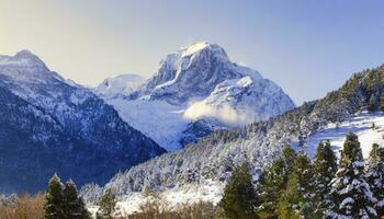 AI generated Snow-Covered Majesty. A Cut-Out Winter Scene Featuring Majestic Mountain Tops Blanketed in a Pristine Layer of Snow. photo